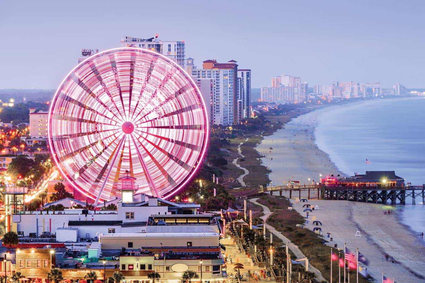 Ariel view of a beach-side ferris wheel in Myrtle Beach, South Carolina